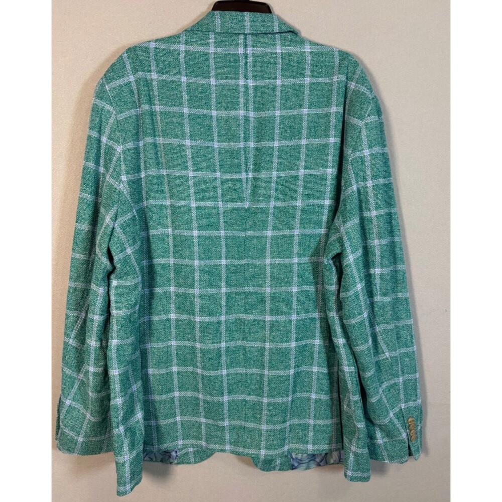 Tailorbyrd Blazer Mens 48L Teal Linen Rayon Windowpane Double Vent Sportscoat - Picture 2 of 14